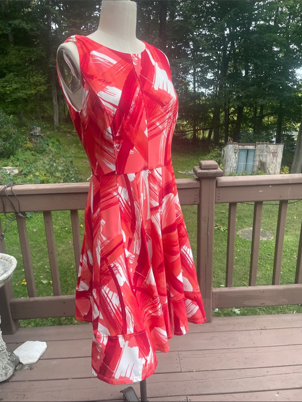 Anne Klein Red and White Brushstroke Fit & Flare Dress